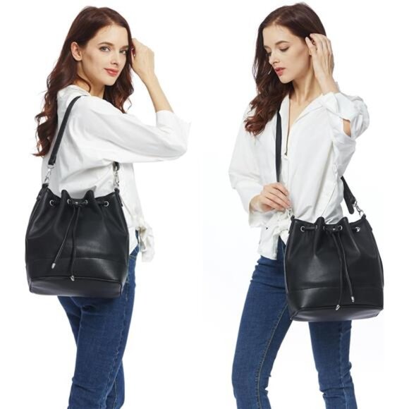 Vegan Leather Bucket Bags and Drawstring Black - Picture 2 of 6